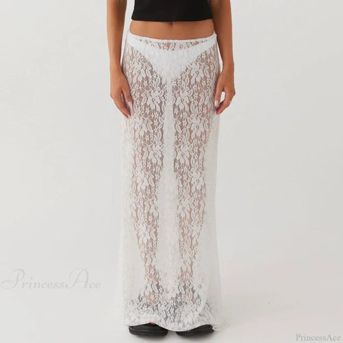 Floral Lace See-Through Short Sleeve Crop Top Long Skirt Two Pieces Set