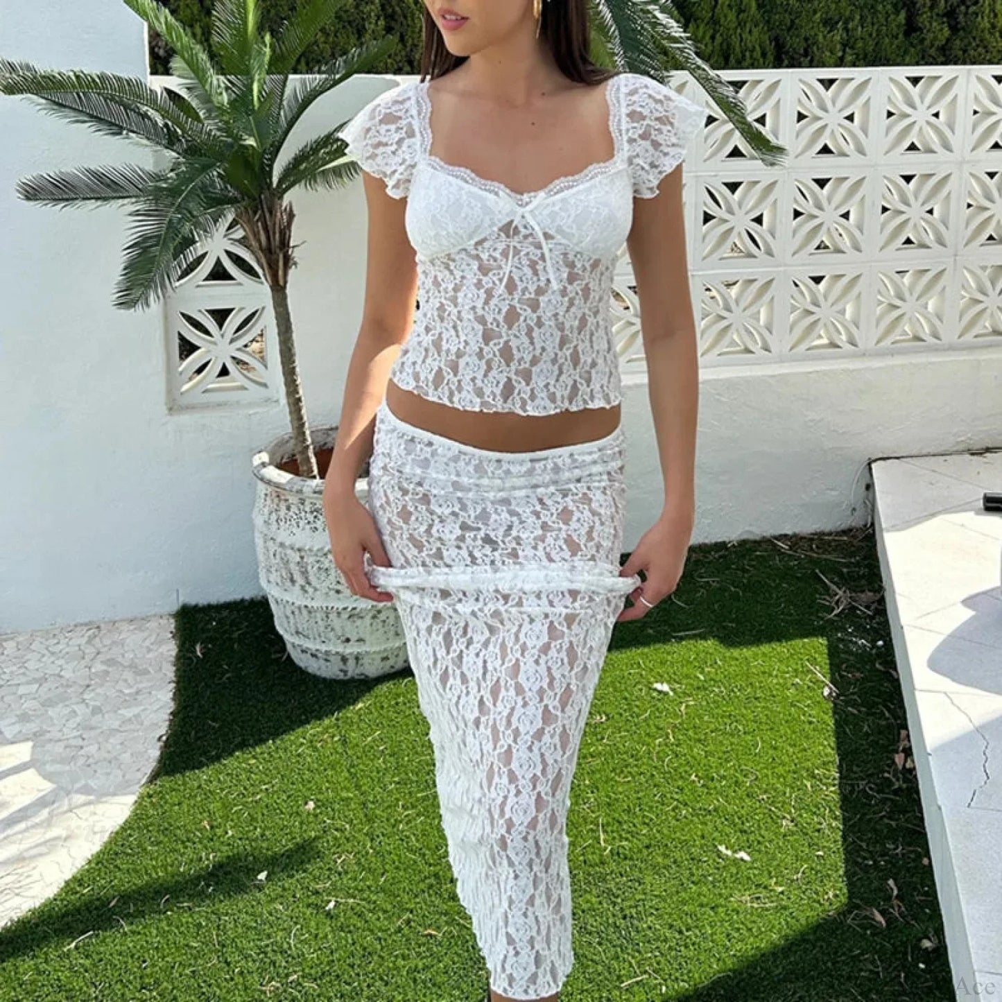 Floral Lace See-Through Short Sleeve Crop Top Long Skirt Two Pieces Set
