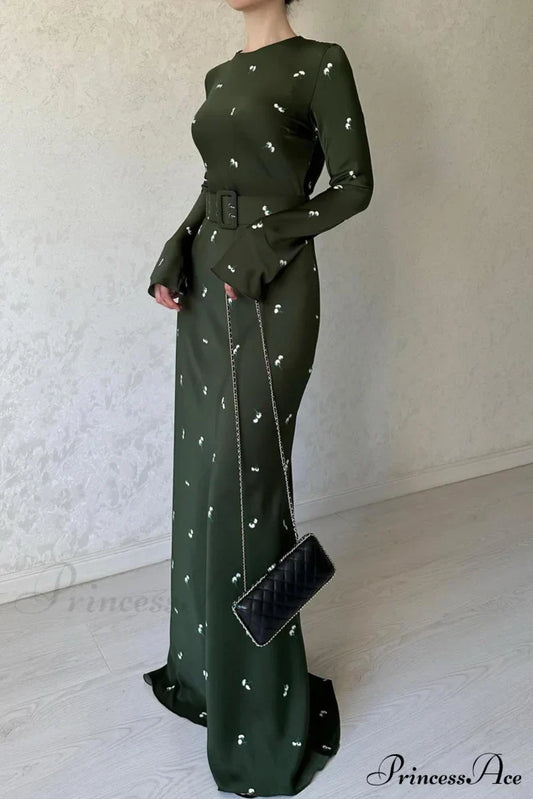Floral Print High Waist Midi Dress with Belt