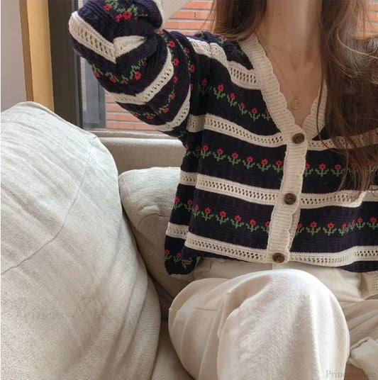 Floral Striped Textured Button Front Cardigan