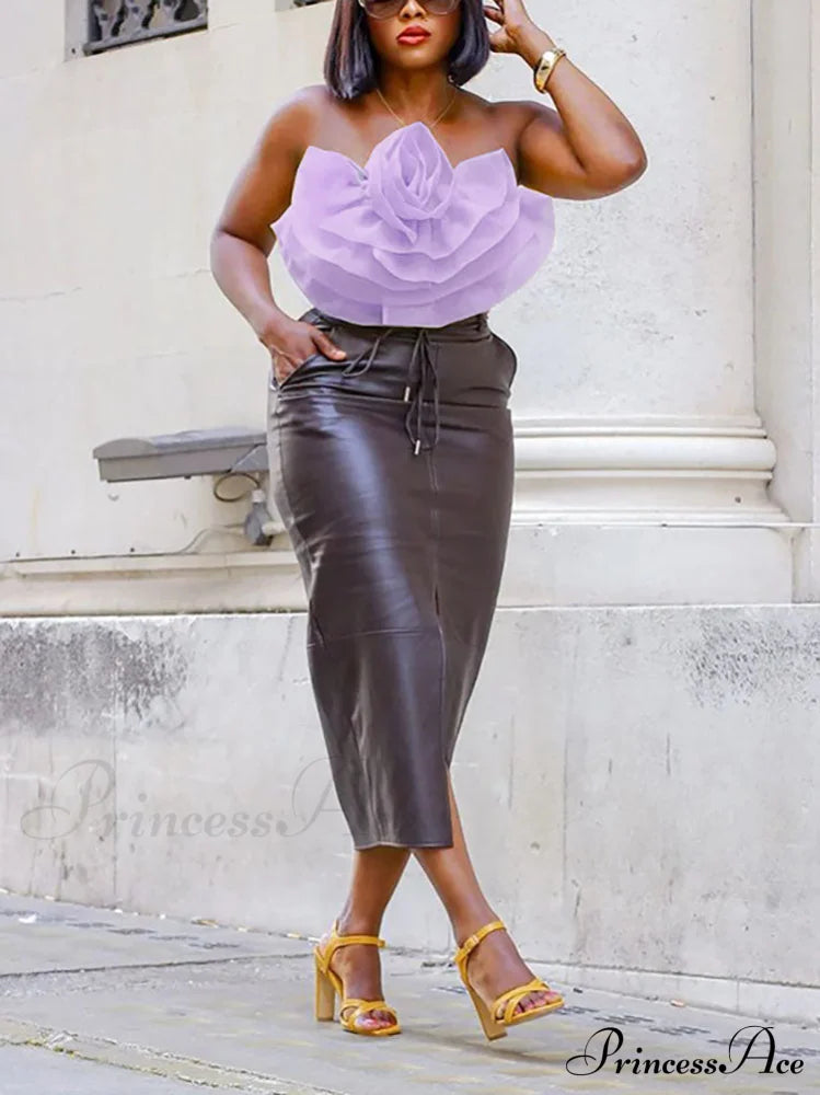 Floral Tie Strap Sheer Lace Mesh Sophisticated Scalloped Crop Tube Top - Lilac