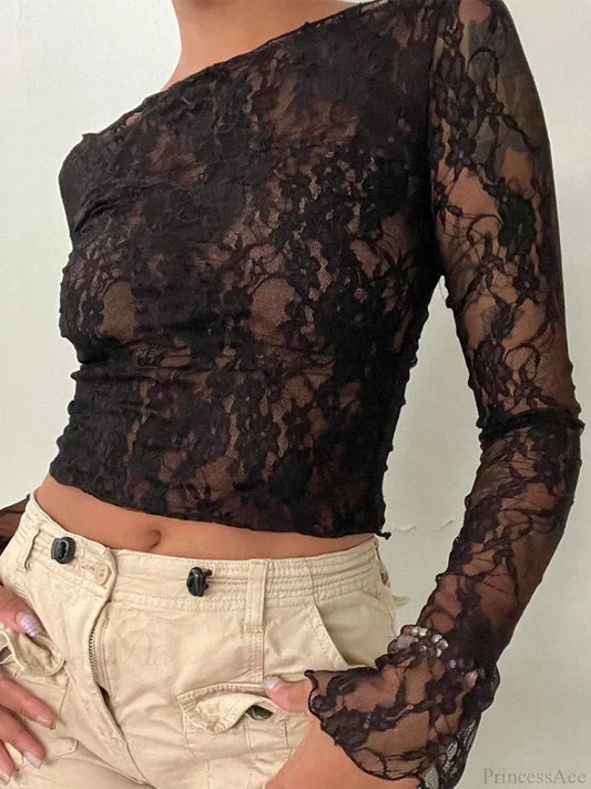 Flower Lace Long Sleeve Y2K Crop Top