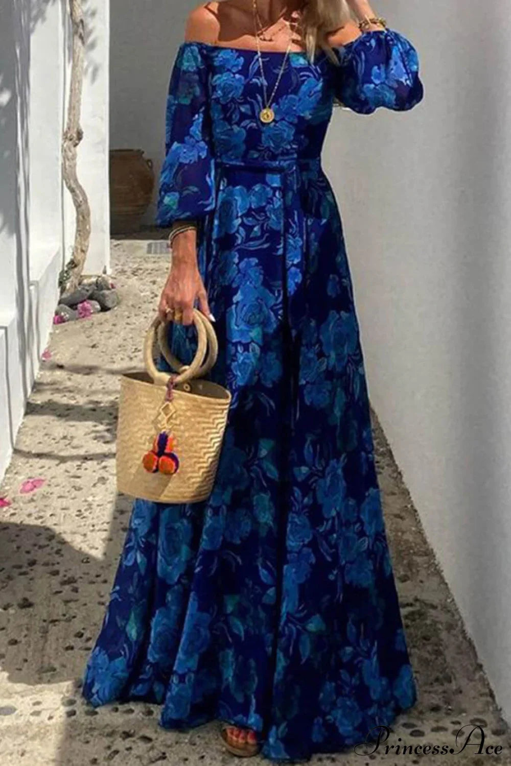 Foral Off Shoulder Back Graceful Smocked Vacation Maxi Dress