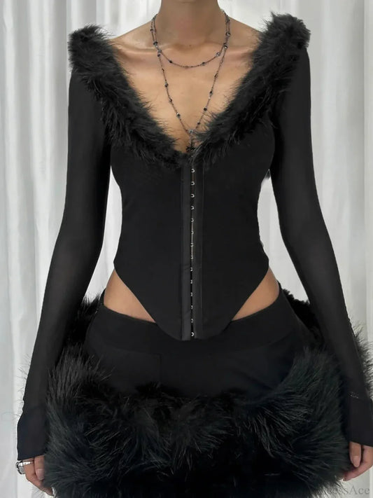 Fur Collar V-neck Knit Top