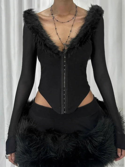 Furry Collar V-neck Knit Top