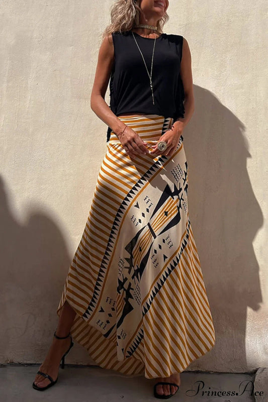 Geometric Print Elastic Charming Waist Maxi Skirt