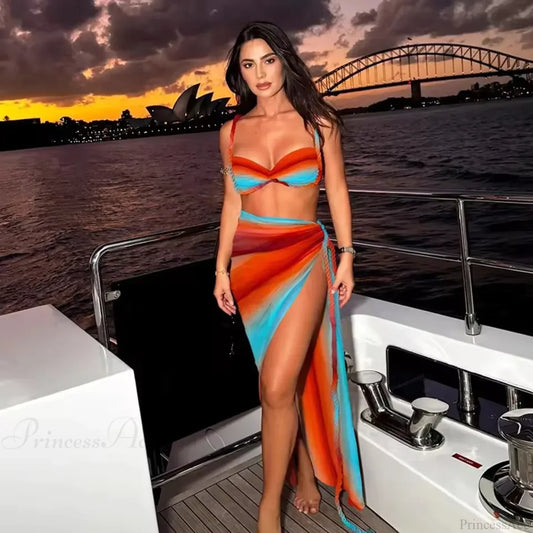 Gradient Bikini Set with Long Skirt Three Piece Swimsuit