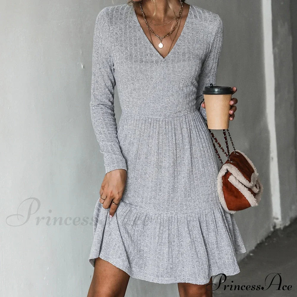 Grey Sexy V-neck Long Sleeve Party Dress