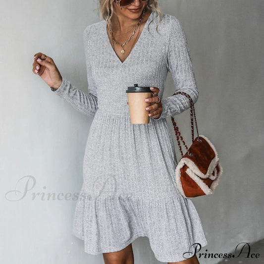 Grey Sexy V-neck Long Sleeve Party Dress