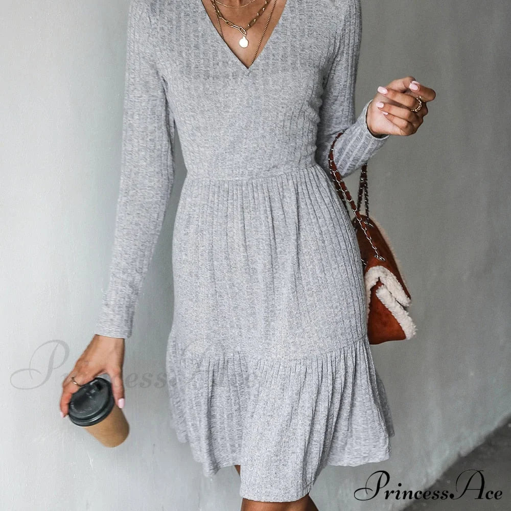 Grey Sexy V-neck Long Sleeve Party Dress