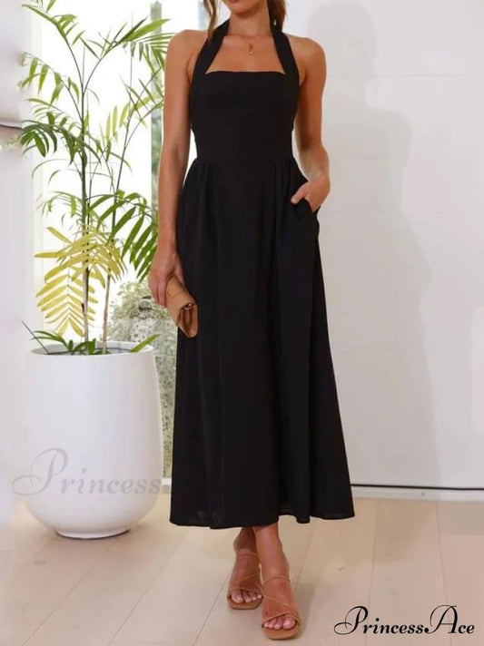 Halter Neck Waist Little Graceful Black Dress Mid Length Dress