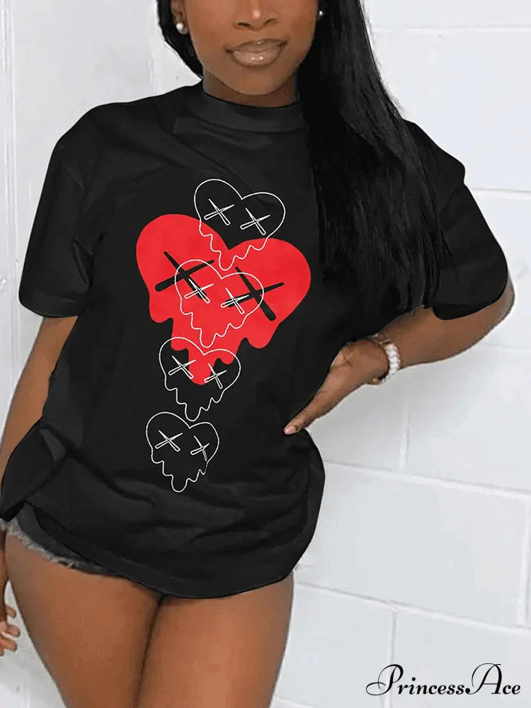 Heart Print Raglan Trendy Short Sleeve Tee