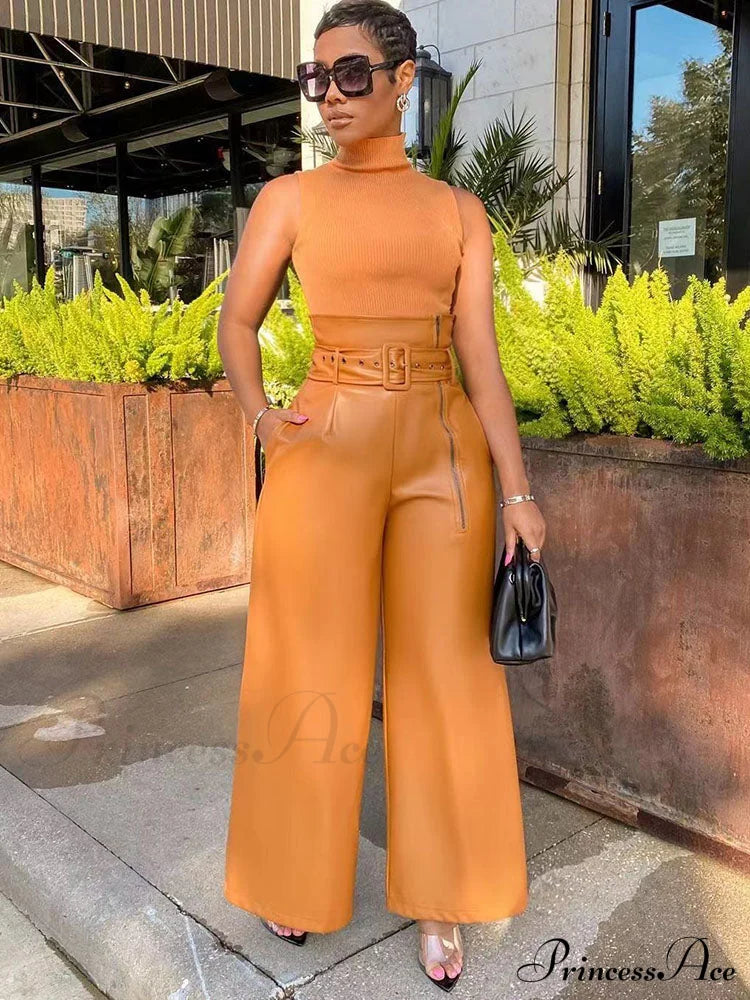 High-Waisted Slim Leather Pant