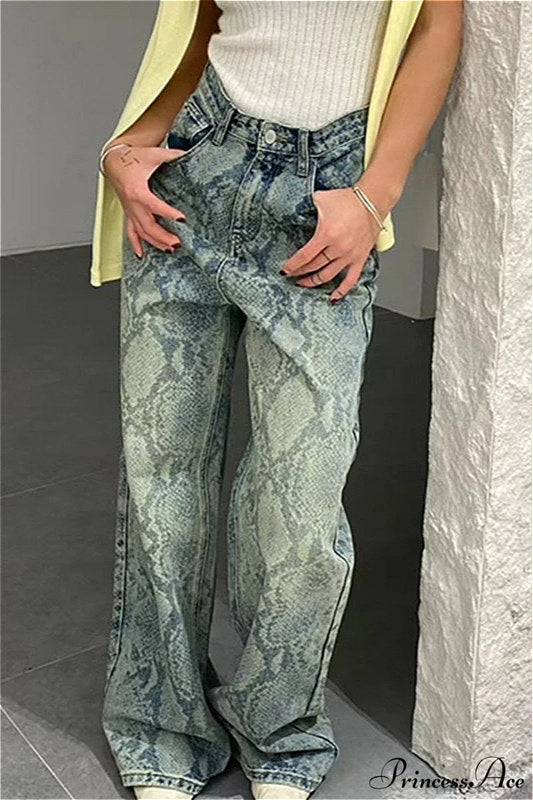 High Waist Snake Print Washed Straight Jeans