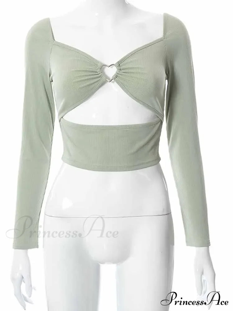 Hollow-Out V-neck Slim Ribbed Backless Tee Crop Top