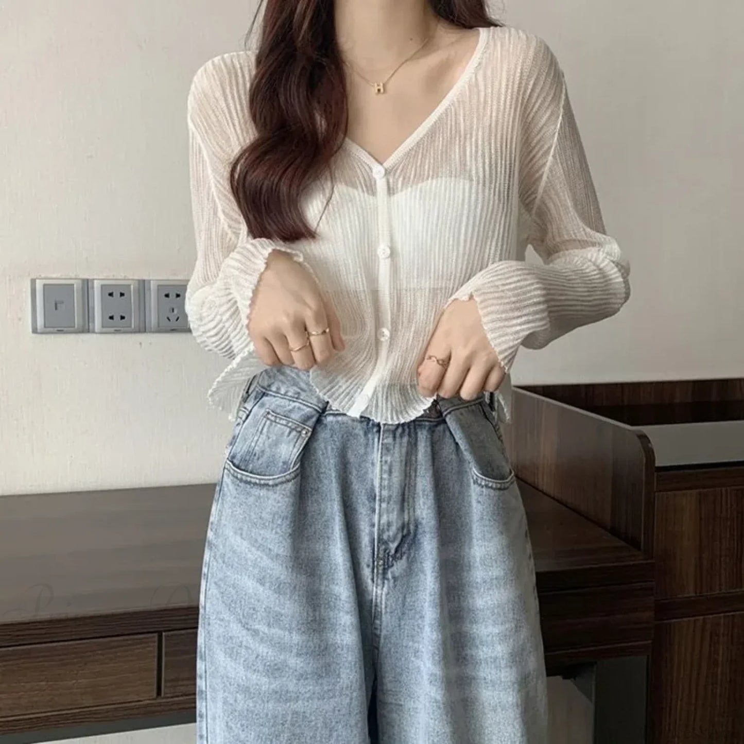 Ice Silk See-Through Thin Single Breasted Pink Knit Cardigan