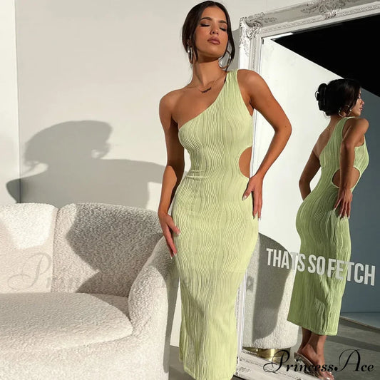 Irregular Cut Out Club Party Sleeveless One Shoulder Textured Midi Dress