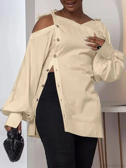 Irregular Solid Long Sleeve Off-Shoulder Blouse