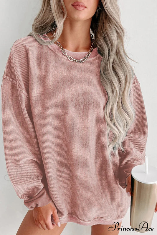 Knit Neck Pullover Ribbed Pink Round Sweatshirt