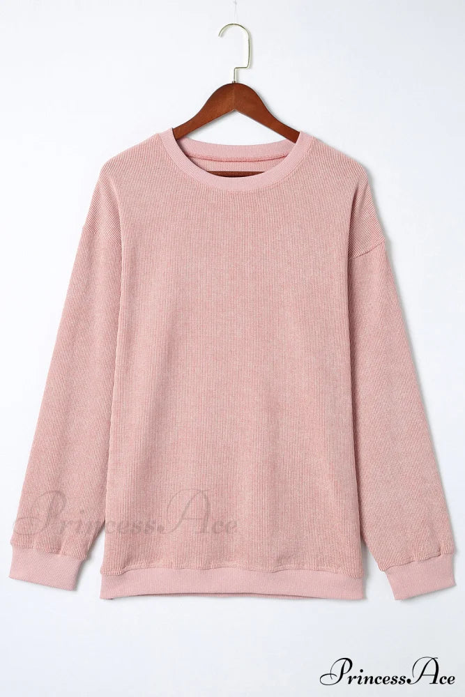 Knit Neck Pullover Ribbed Pink Round Sweatshirt