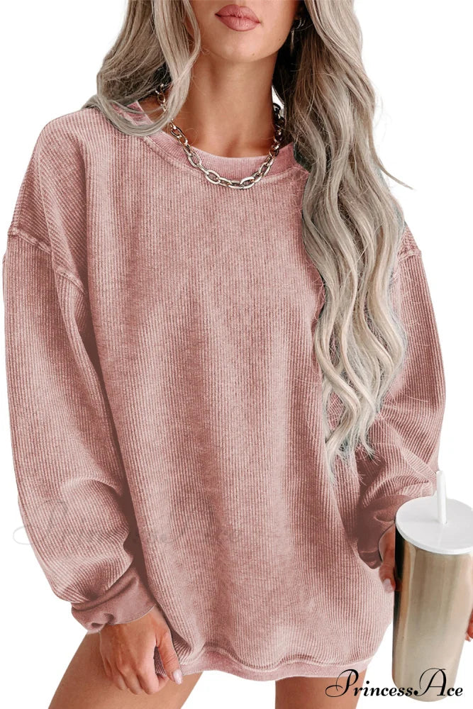 Knit Neck Pullover Ribbed Pink Round Sweatshirt