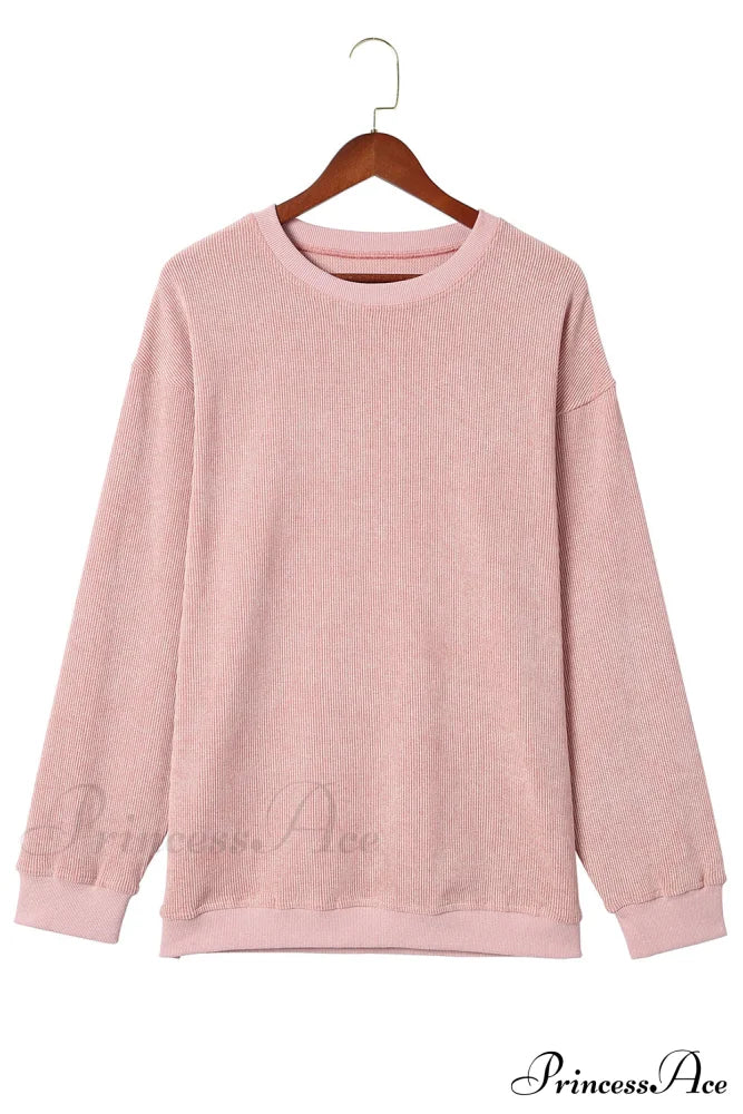 Knit Neck Pullover Ribbed Pink Round Sweatshirt