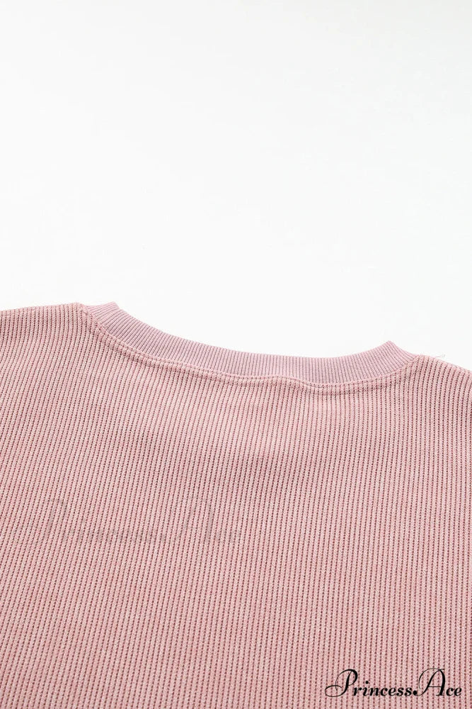 Knit Neck Pullover Ribbed Pink Round Sweatshirt