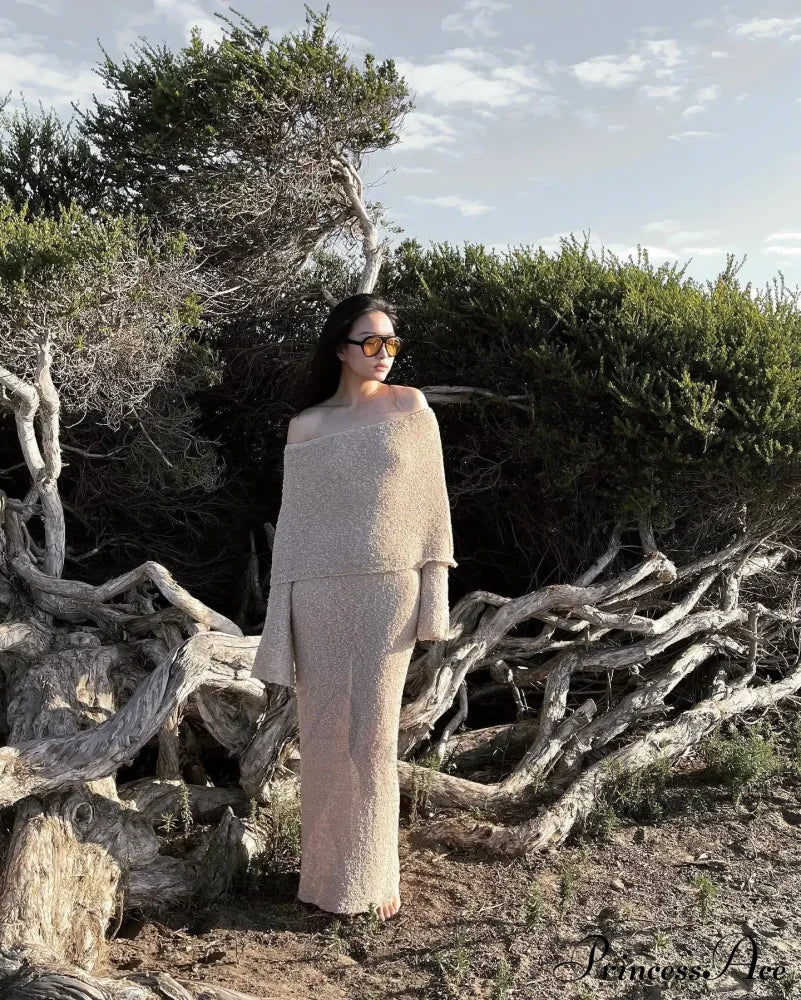 Knit Off-Shoulder Long Sleeve Maxi Dress