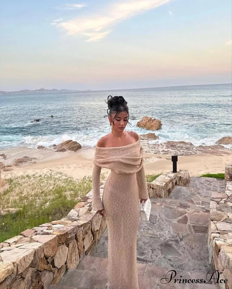 Knit Off-Shoulder Long Sleeve Maxi Dress