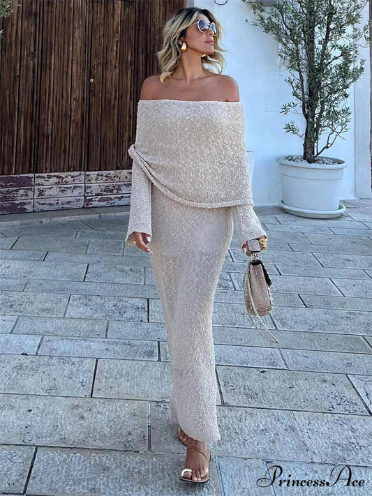 Knit Off-Shoulder Long Sleeve Maxi Dress