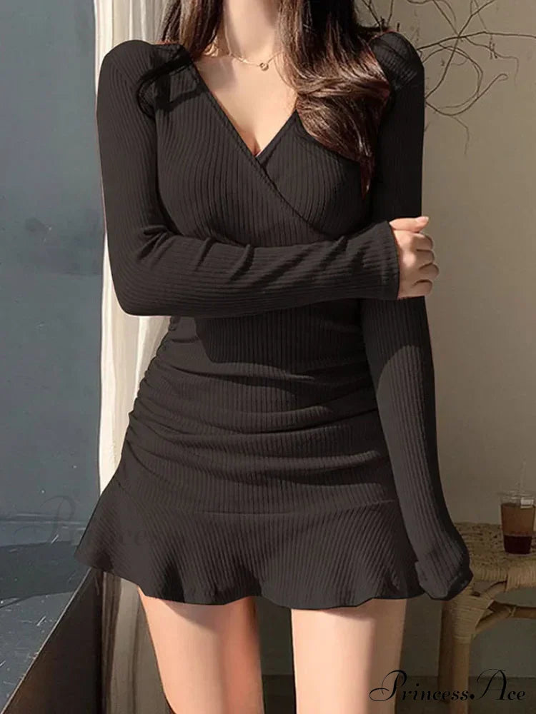 Knitted Ribbed V Neck Elegant Long Sleeve Mini Dress