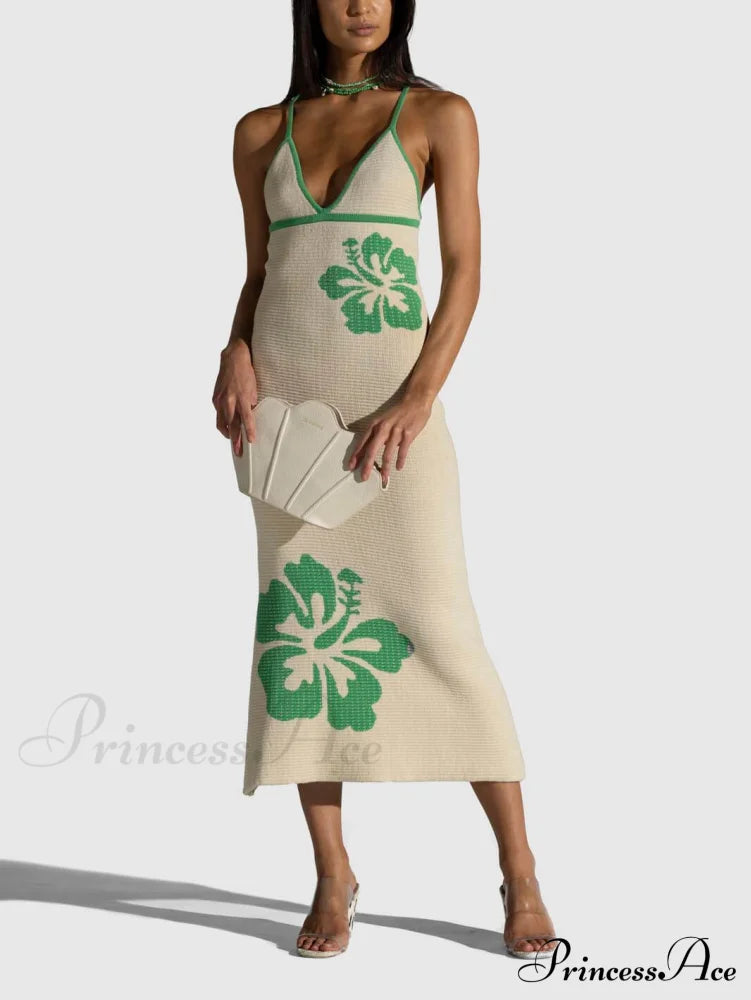 Knitted Suspender Halterneck V-Neck Graceful Backless Sexy Midi Dress