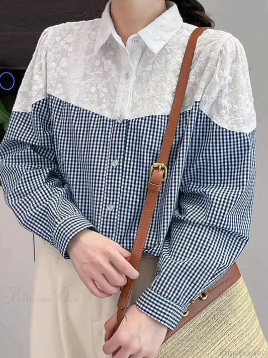 Lace Stitching Plaid Long Sleeve Blouse Bohemian Blouse