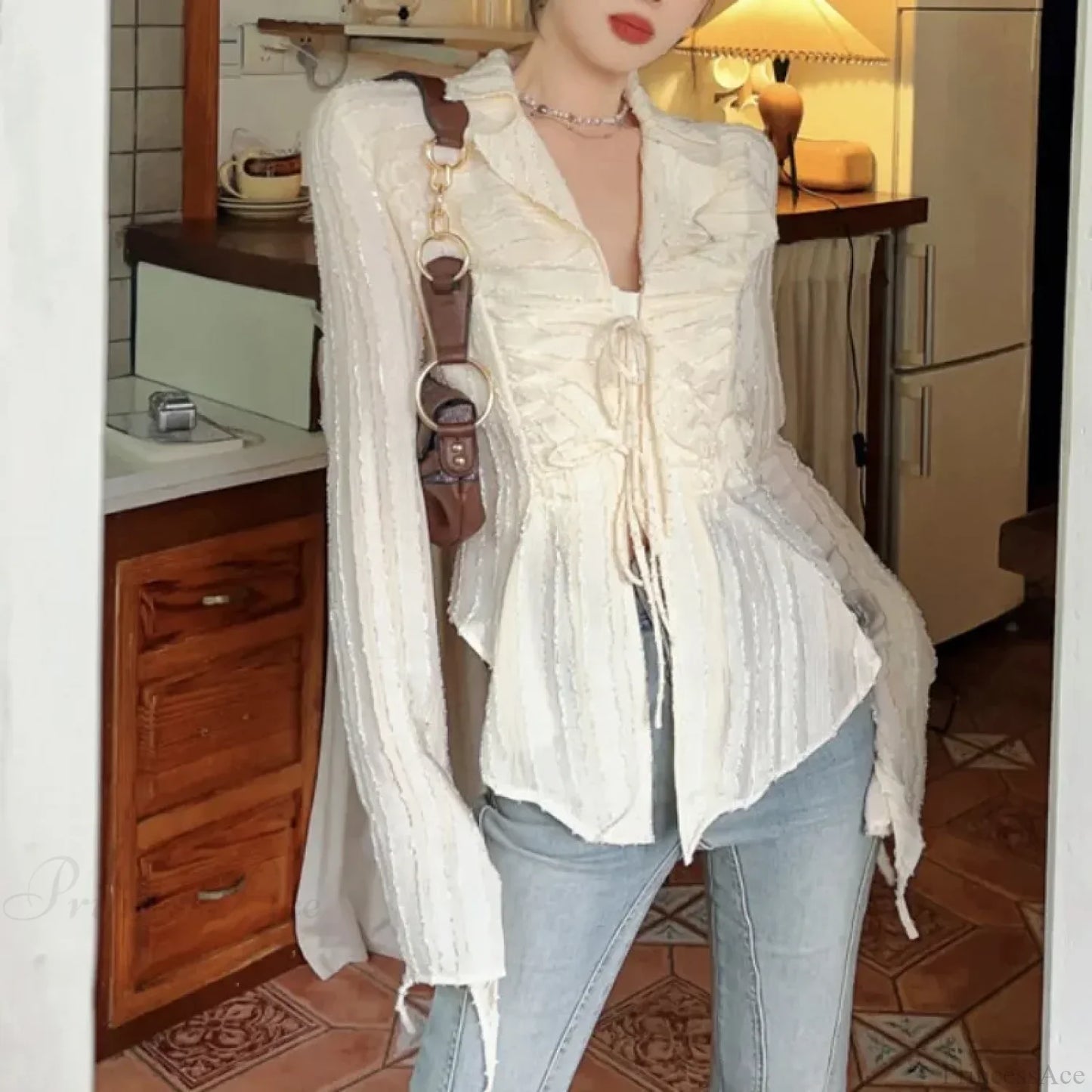 Lace Up Blouse Turn-down Collar Women Blouse