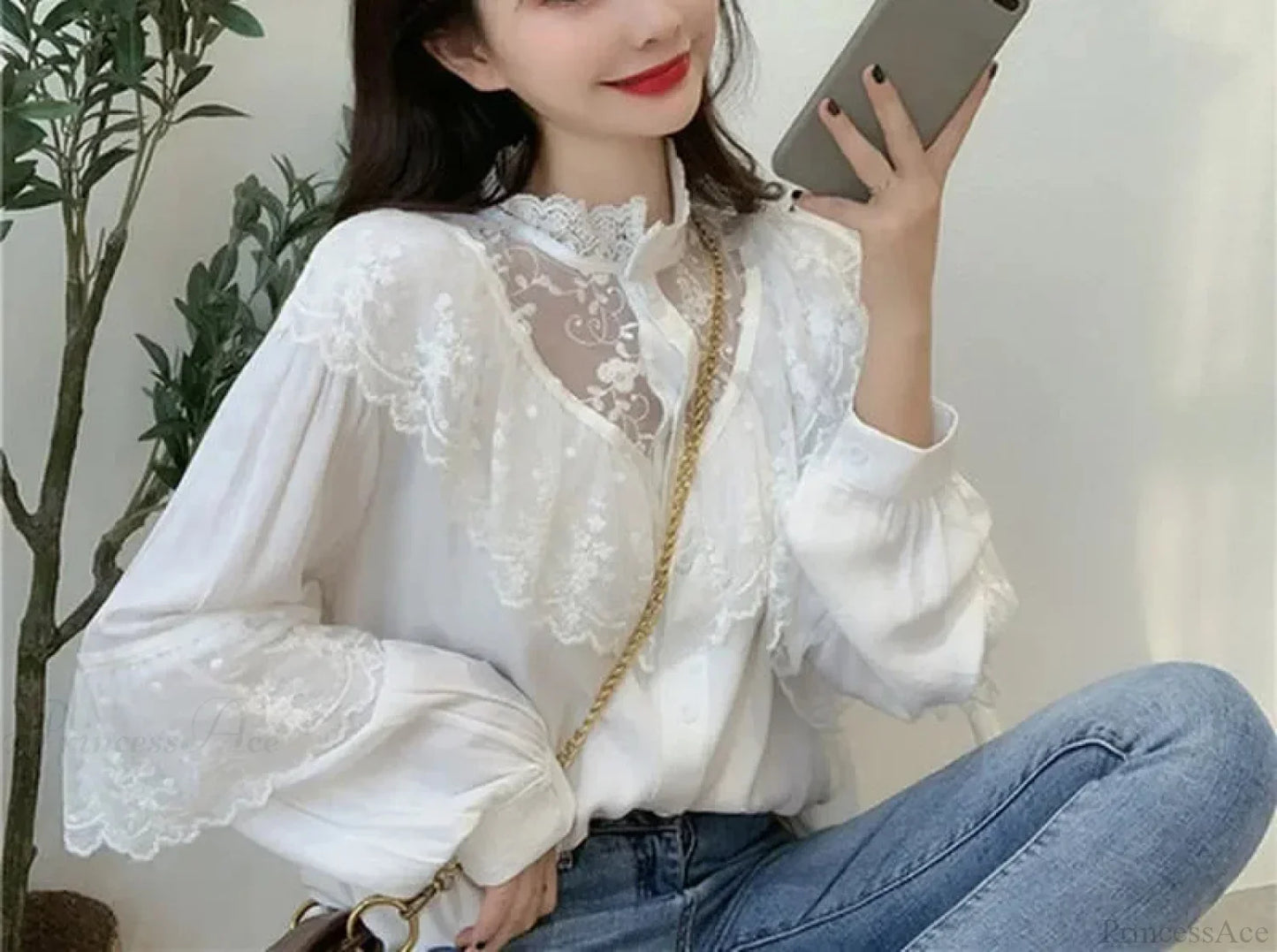 Lace Up Ruffled Sweet Loose Spring Blouse
