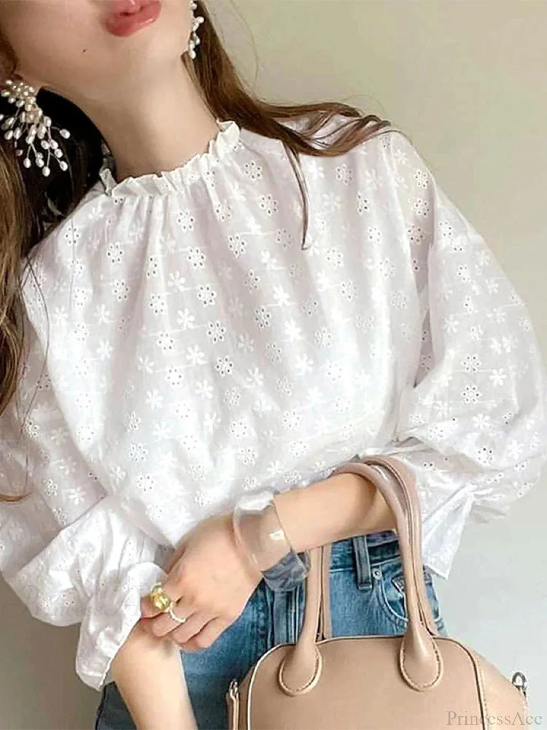 Lacing Pleating Lantern Sleeve Blouse Vintage Blouse