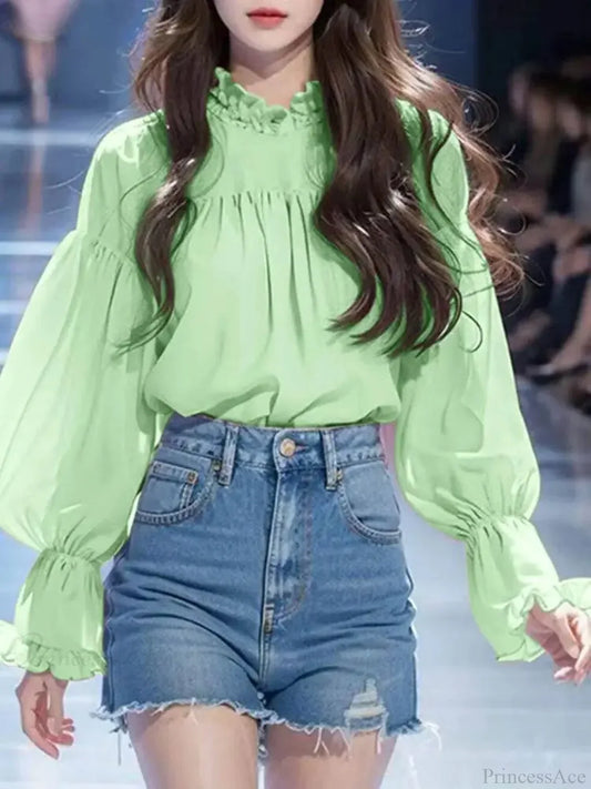 Lantern Sleeve Solid Stand Collar Blouse