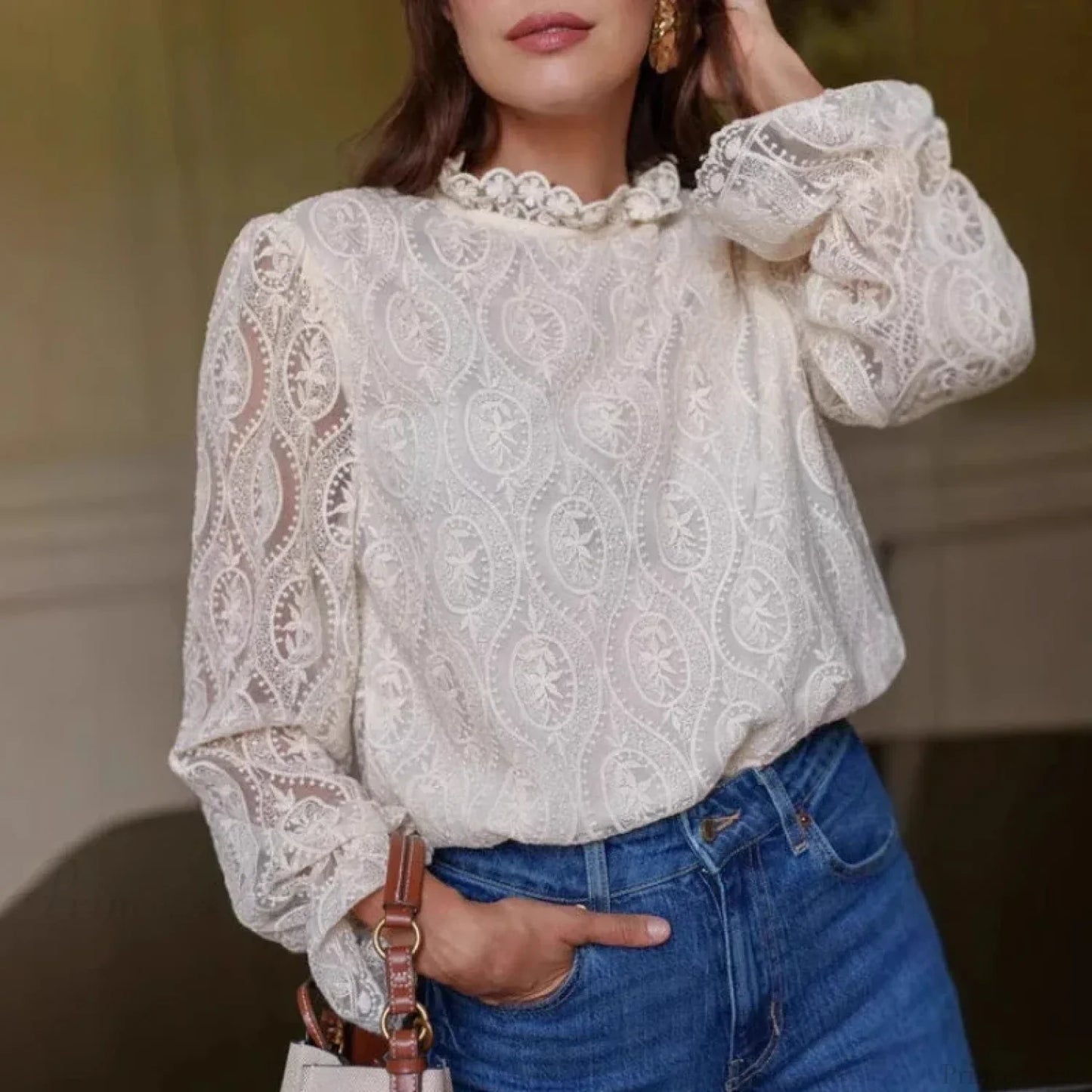 Lantern Sleeve Stand Neck Floral Boho Blouse