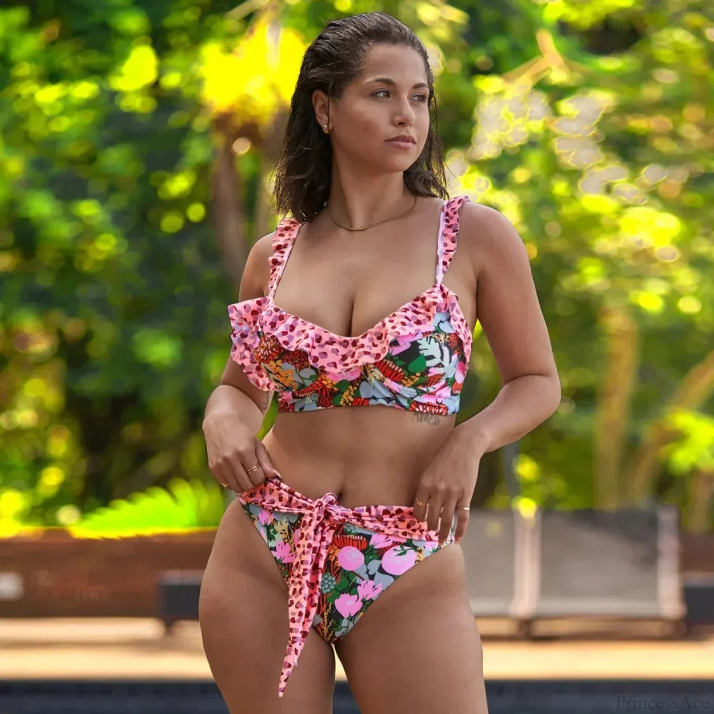 Leaf Print Halter Retro Two Piece Set