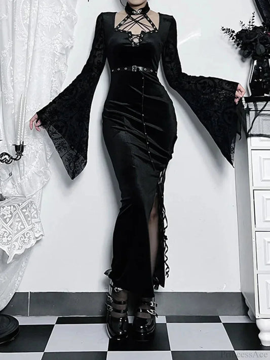 Leather Cord Sleeve Tall Waist Full-Length Dress