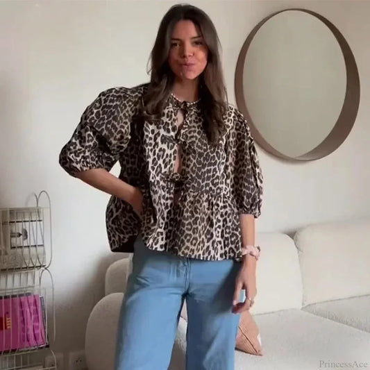 Leopard Bow Lace-Up Puff Sleeve Blouse
