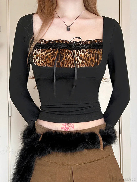 Leopard Square Collar Knit Top