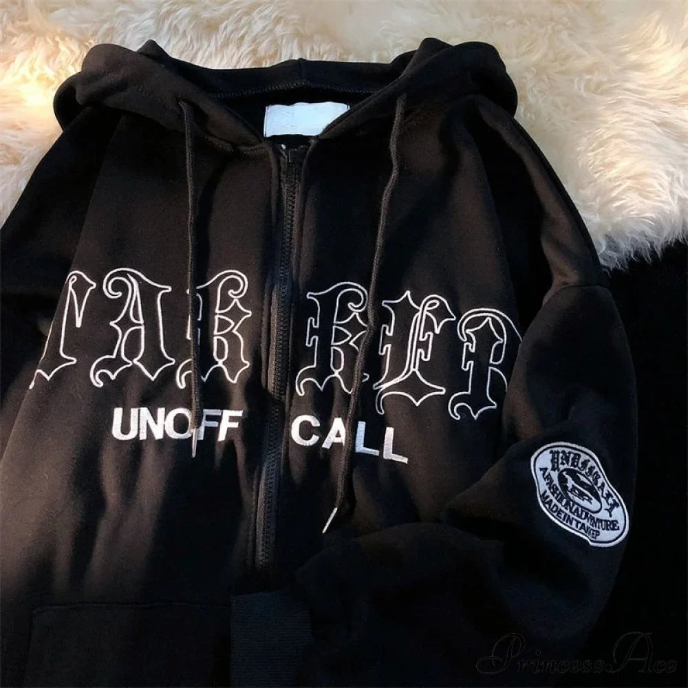 Letter Embroidery Vintage Loose Zipper Hoodies
