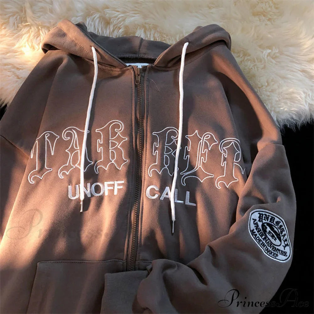 Letter Print Vintage Zip Up Oversize Jacket