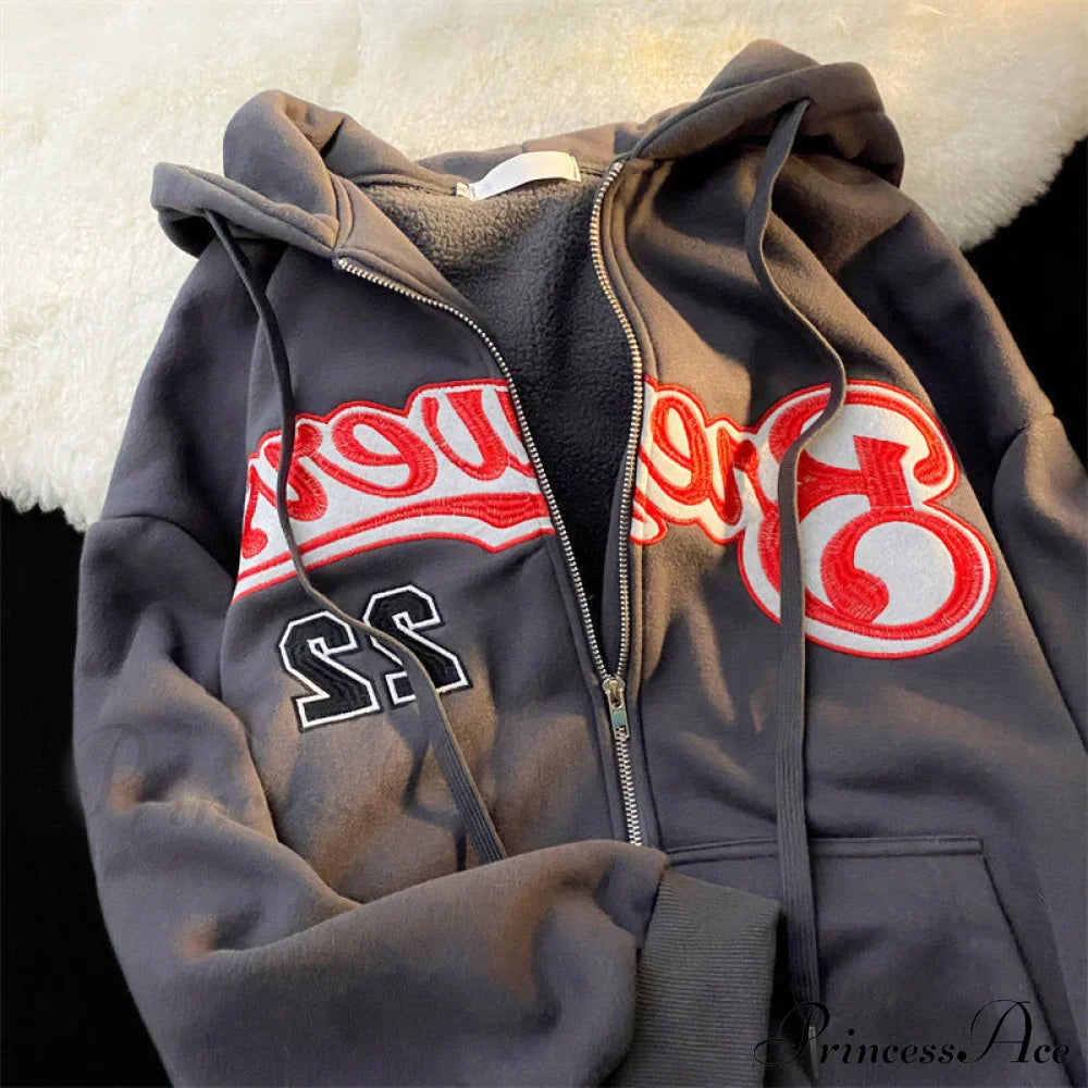 Letter Print Vintage Zip Up Oversize Jacket