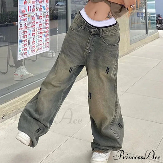 Letter Straight Wide Leg Denim Low Waist Vintage Oversized Hip Hop Harajuku Cargo Jean