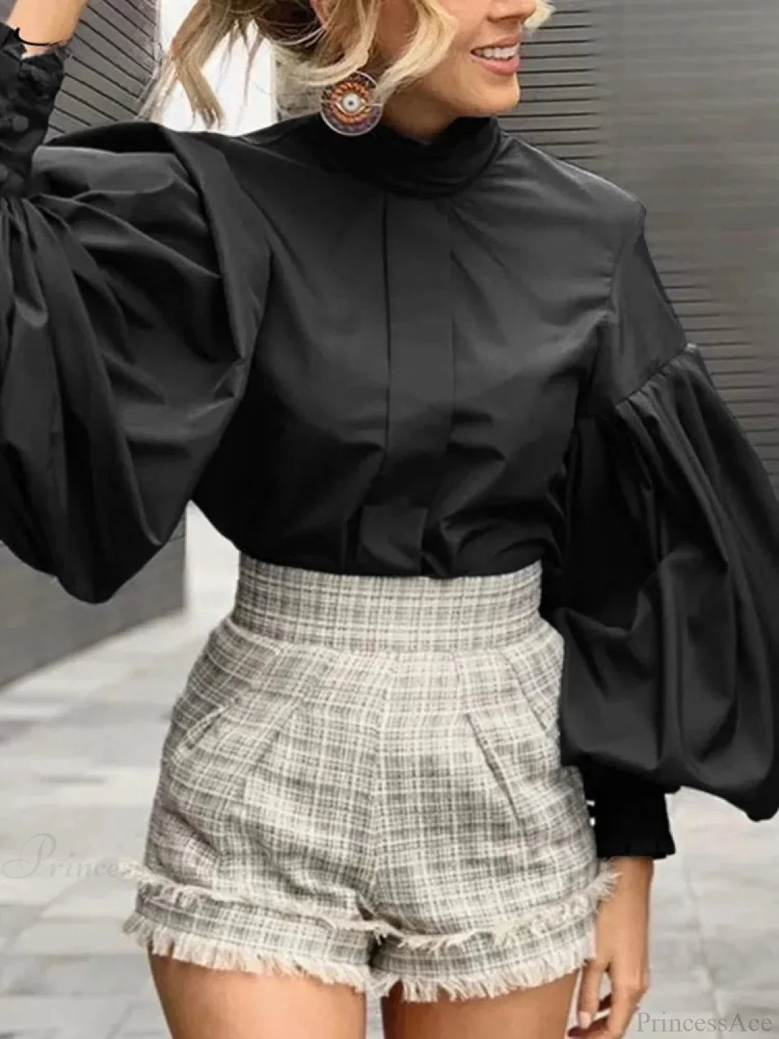 Long Lantern Sleeve Solid Purple Blouse Chic Blouse
