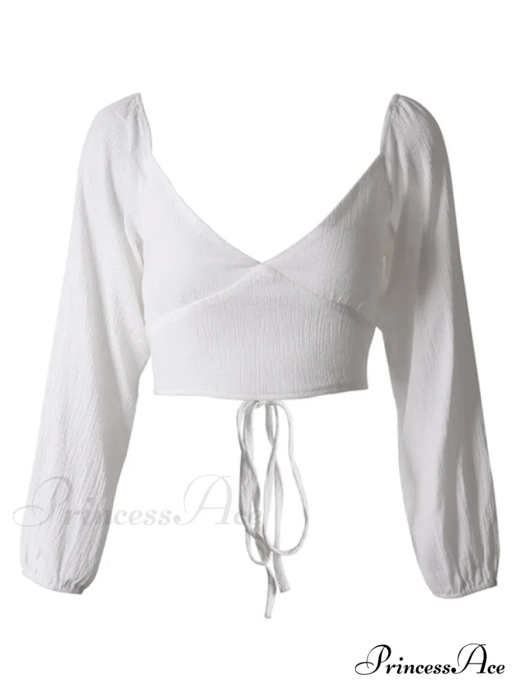 long-sleeved with strap crop top V-neck Women's tie