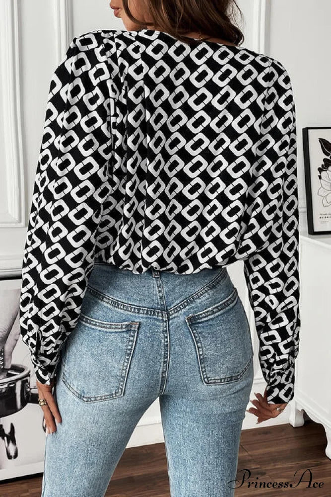 Long V-Neck Blouse Geometric Arm with Design