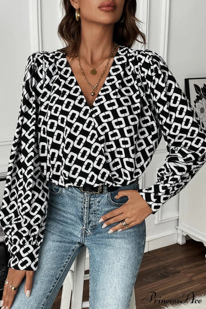 Long V-Neck Blouse Geometric Arm with Design
